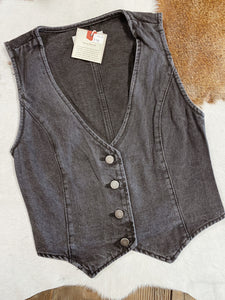 Washed Black Denim Button Vest