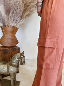 Terracotta Linen Cargo Pants