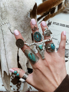 Turquoise Cattle Skull Sterling Ring - Native Handmade