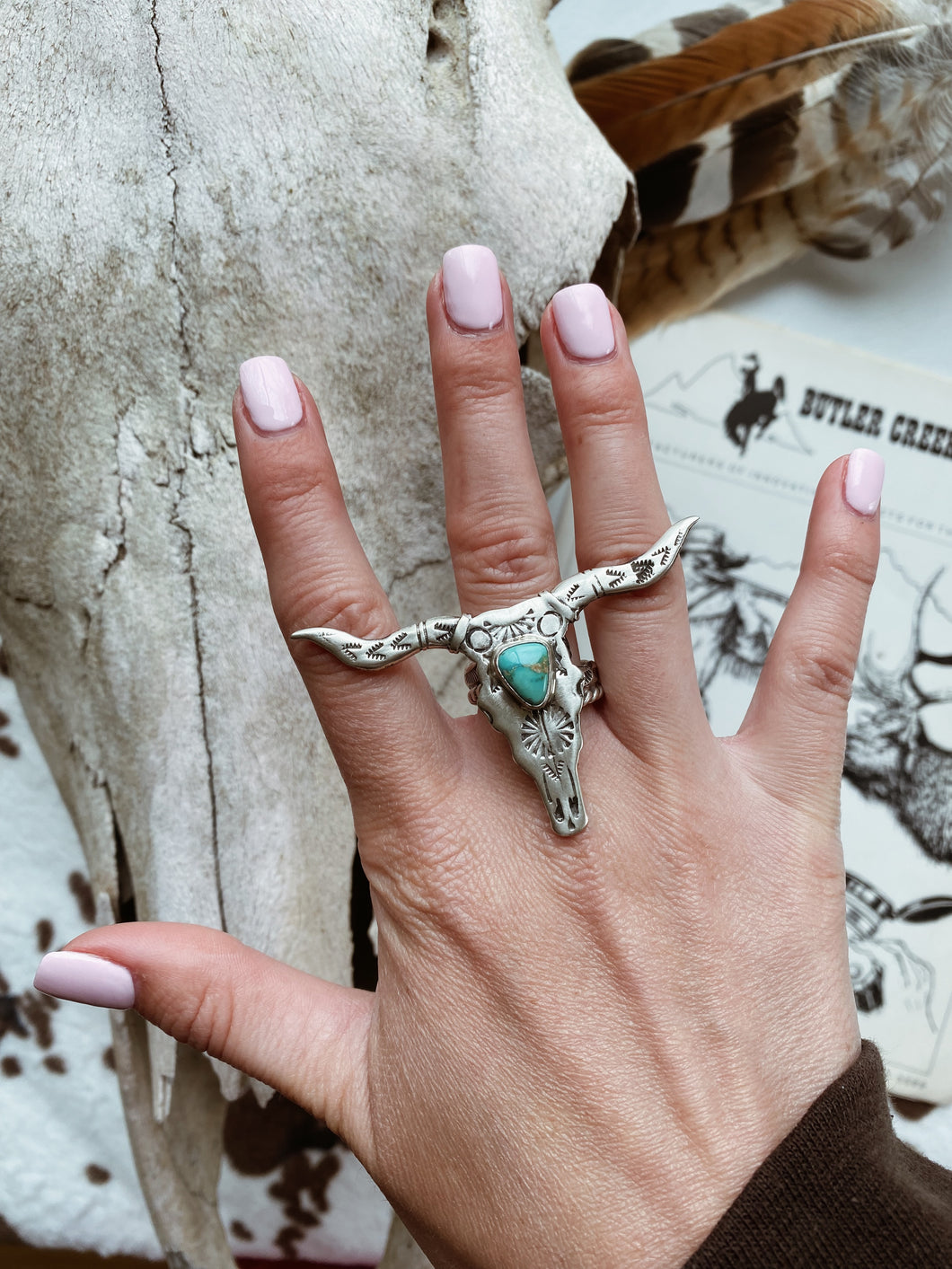 Turquoise Cattle Skull Sterling Ring - Native Handmade TC
