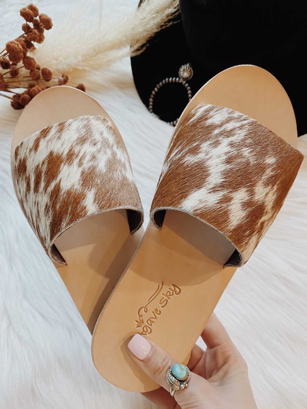 Spotted Cowhide Slides